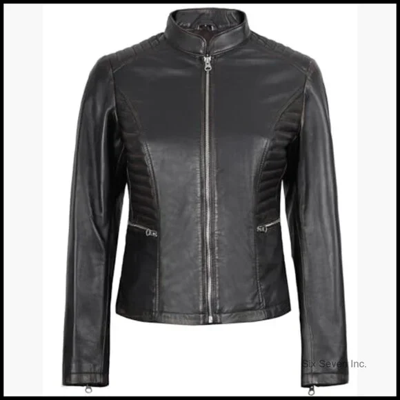 Lambskin Leather Jacket Women Cafe Racer Style Distressed Brown